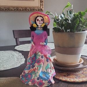 La Catrina  Day of the Dead Figurine in Pink & Blue. 12" Tall